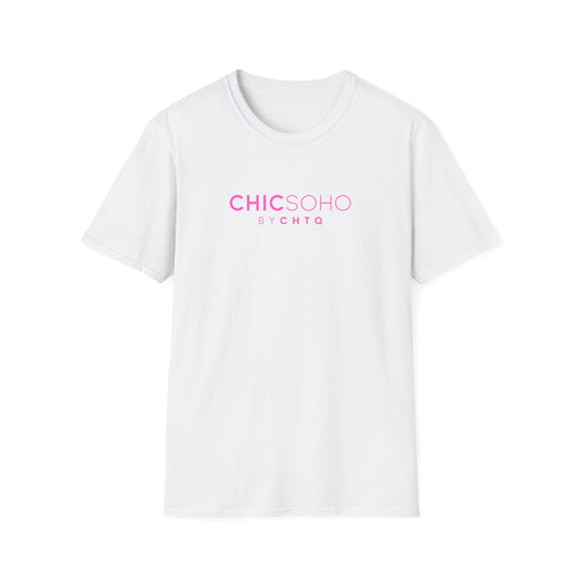 White CHICSOHO graphic T-shirt with pink BY CHTQ logo print, short sleeves and crew neckline, displayed on a clean white background.