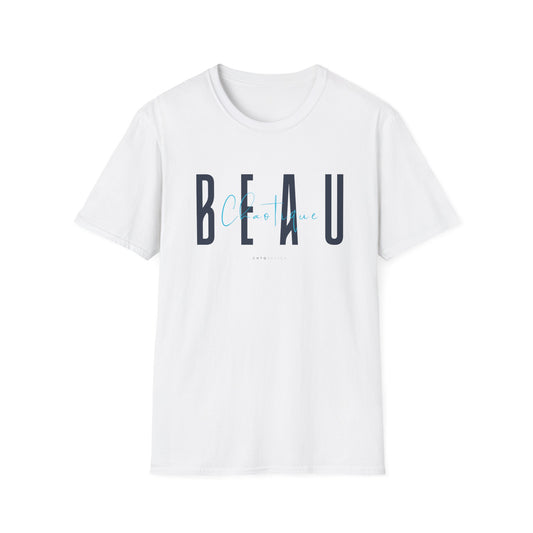 A white short-sleeve crewneck t-shirt featuring a graphic print on the front with the word 'BEAU' in dark navy block letters and 'Chaotique' in light blue cursive script.