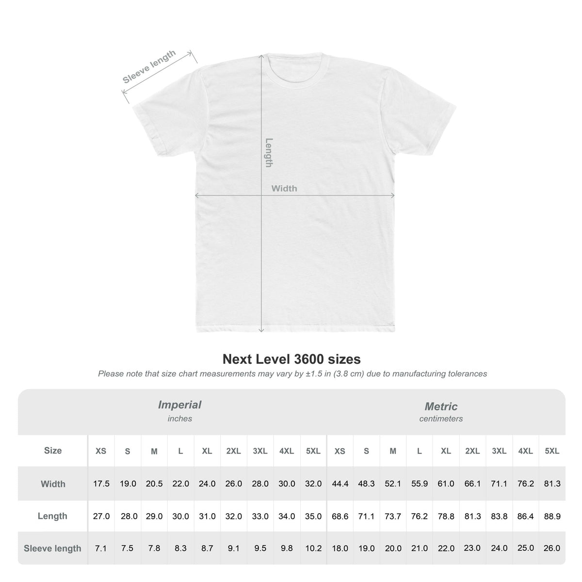 Next Level 3600 T-shirt size chart showing width, length and sleeve measurements from XS to 5XL in inches and centimeters