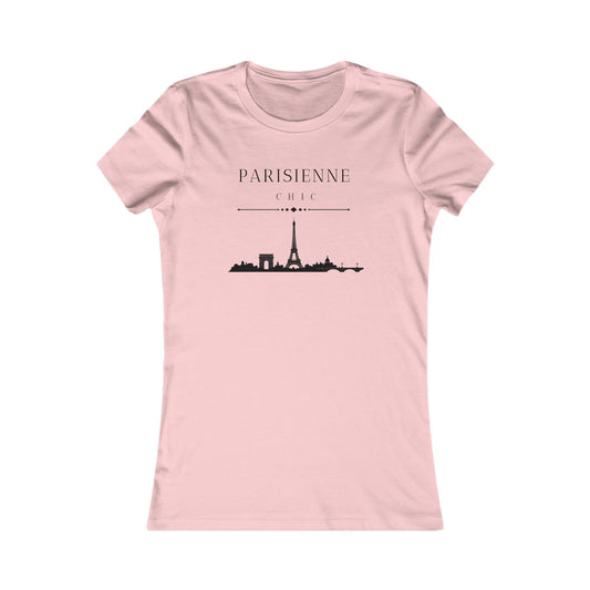 A light pink short-sleeve crewneck t-shirt with a black graphic of the Paris skyline and the text 'PARISIENNE CHIC' printed on the chest, displayed against a solid white background.