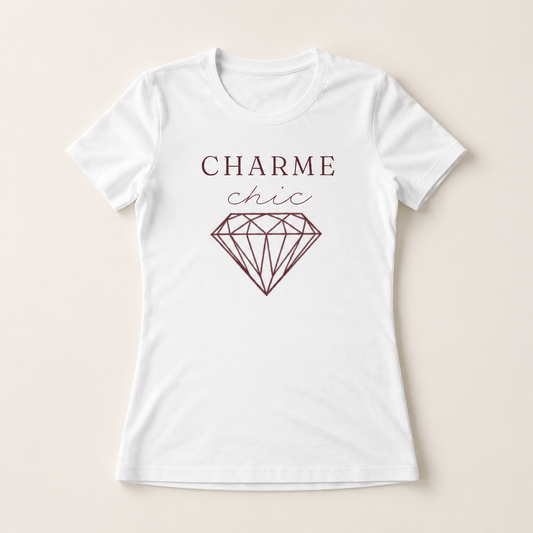 White t-shirt featuring the text "Charme Chic" in elegant black typography on the front.