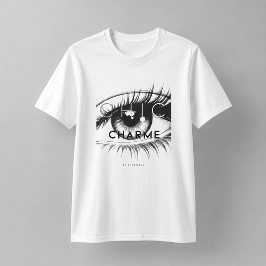 White CHIC CHARME graphic T-shirt featuring a bold black-and-white eye print with minimalist typography.