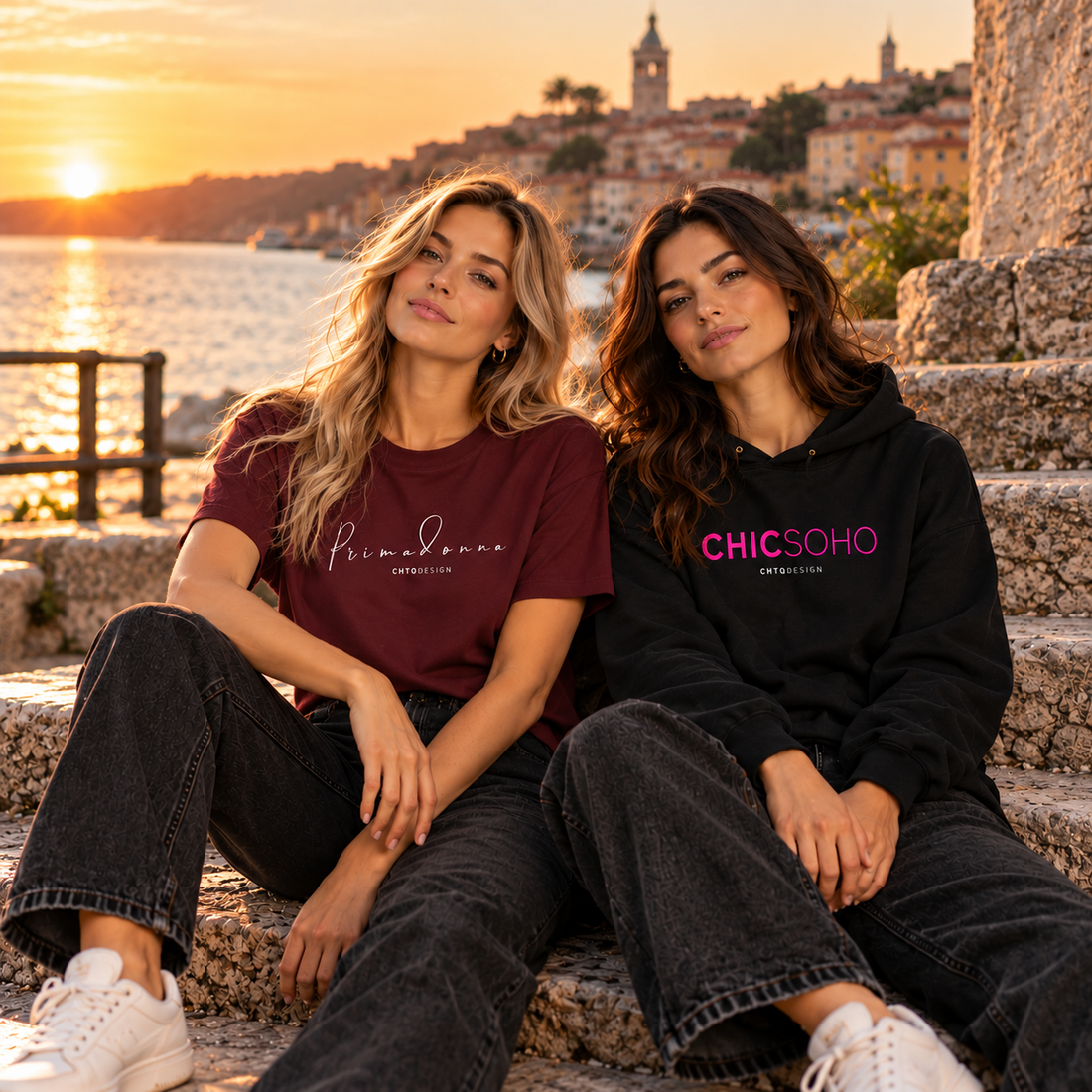 Women enjoying the sunset wearing Primadonna t-shirt and CHICSOHO hoodie