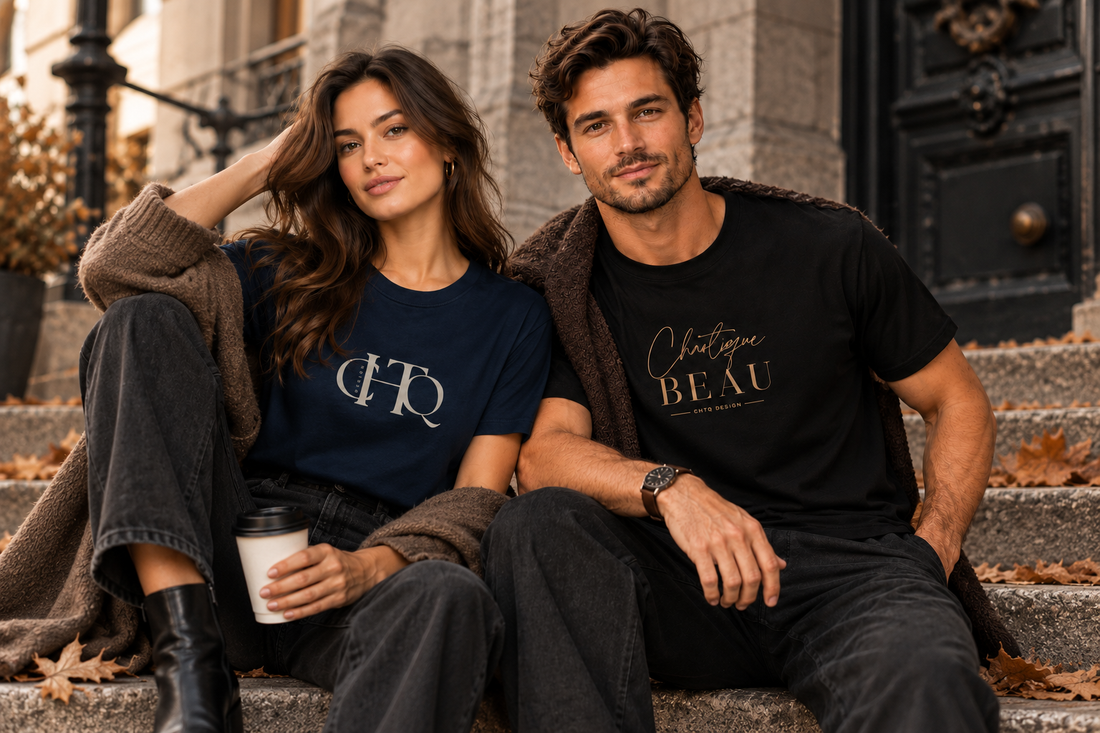 Woman and man wearing CHTQ Design graphic T-shirts in a relaxed autumn city setting.