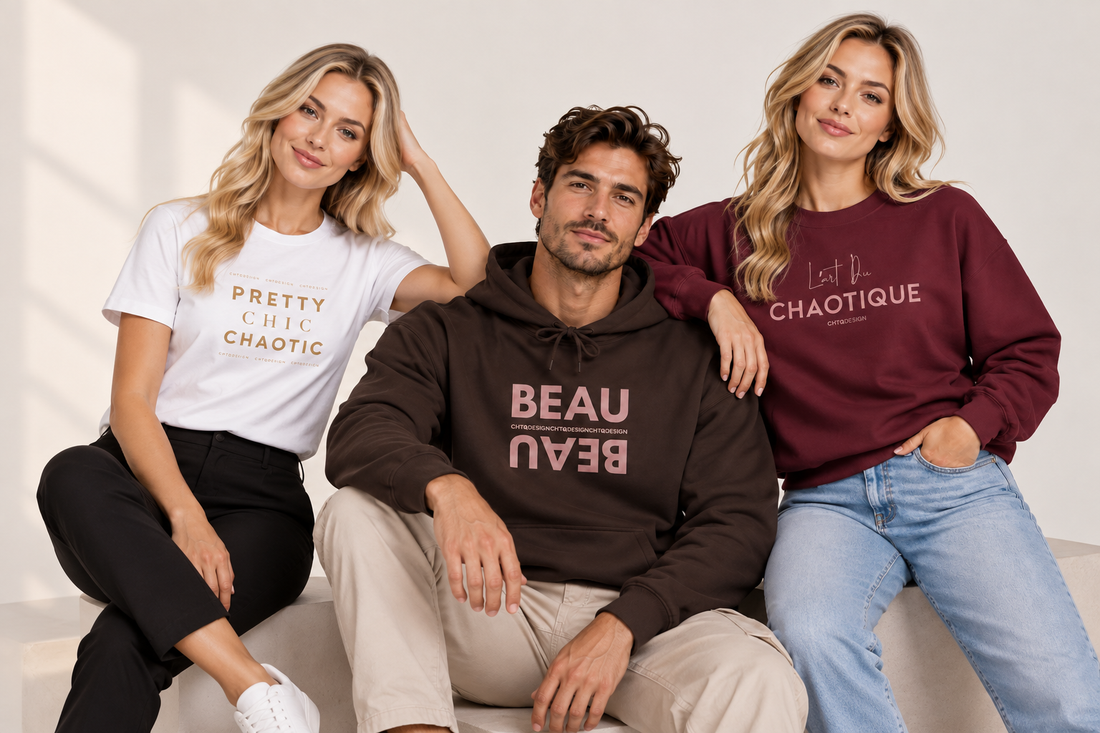 Three models wearing CHTQ DESIGN graphic apparel, including a white Pretty Chic Chaotic T-shirt, brown BEAU hoodie and burgundy Chaotique sweatshirt, in a minimalist studio setting.