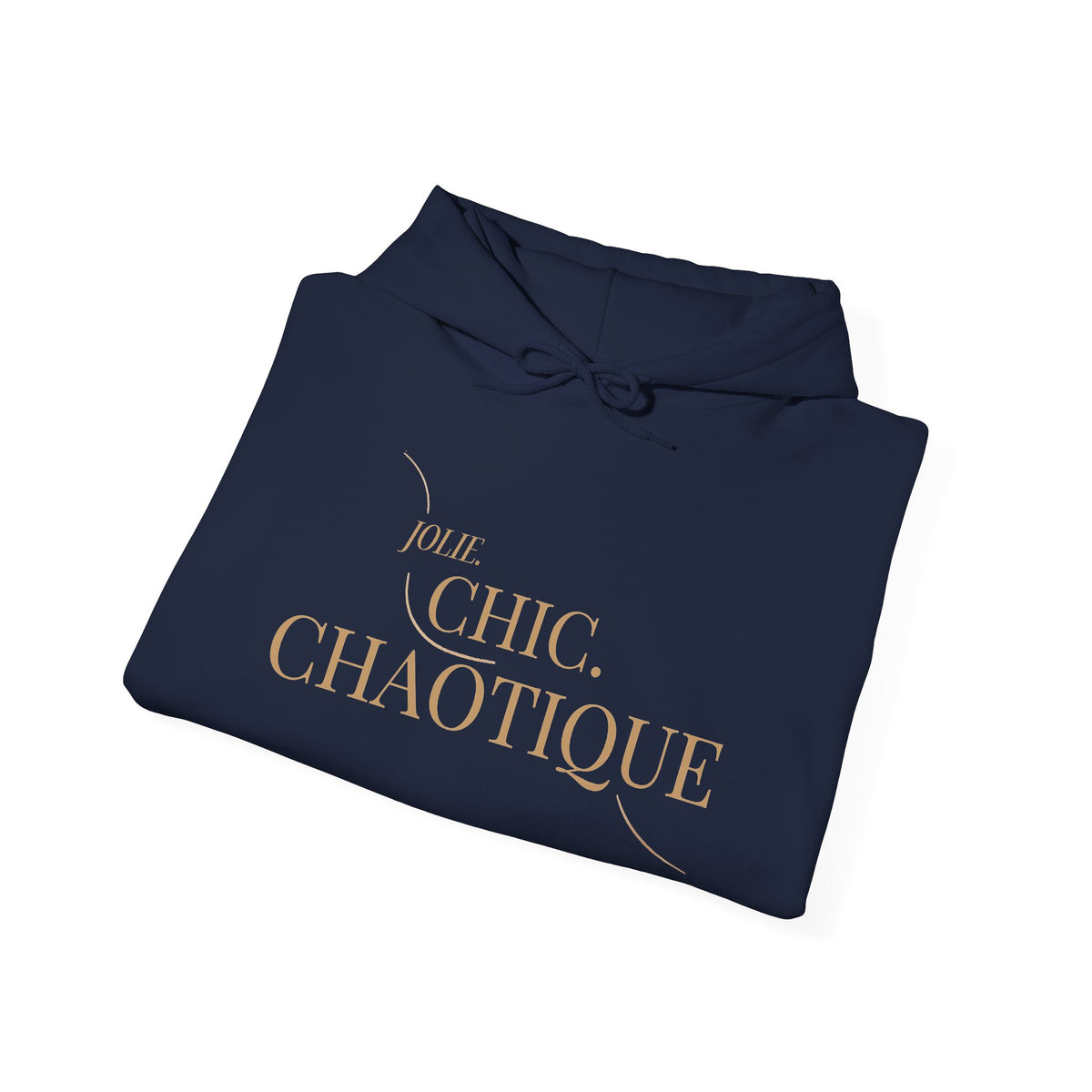 Folded navy hoodie with frog graphic and 'Jolie. Chic. Chaotique' text on a white background