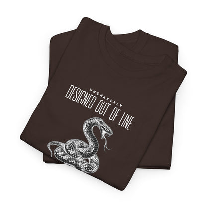 Folded chocolate brown UNSNAKEBLY graphic T-shirt showing the snake illustration and printed typography.