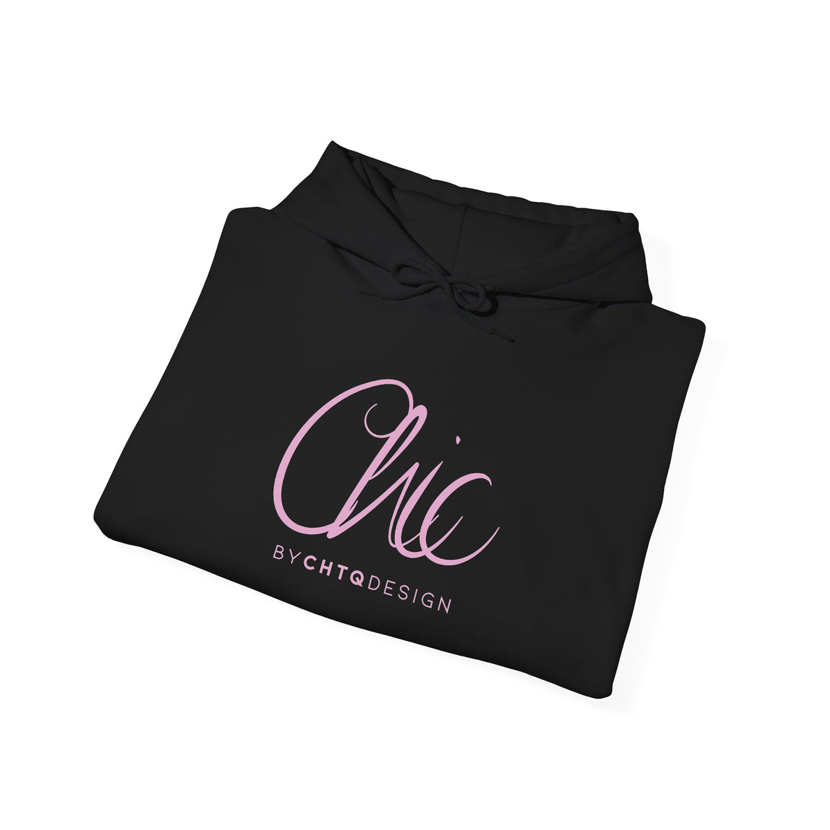 Folded CHIC BY CHTQ DESIGN black women’s hoodie with pink script graphic