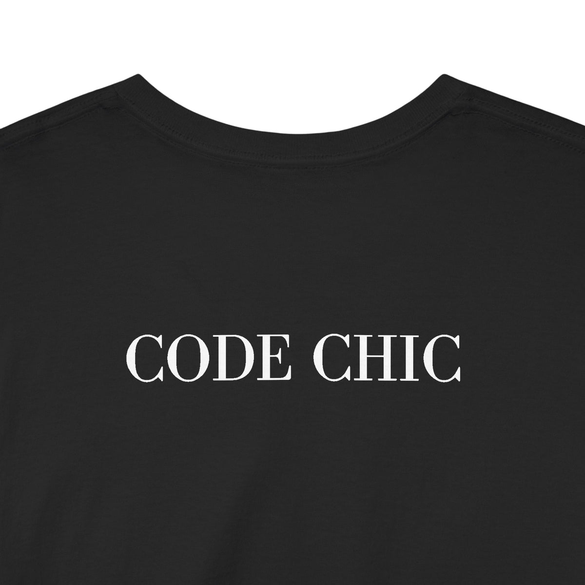 Close-up of a black crewneck t-shirt with the words 'CODE CHIC' printed in white serif letters across the chest.