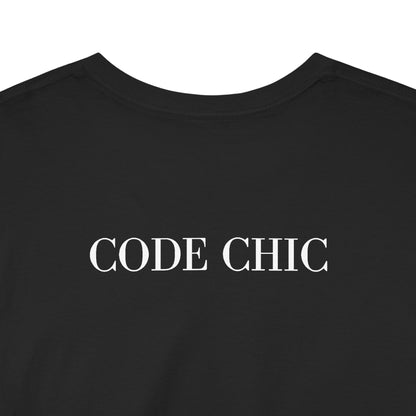 Close-up of a black crewneck t-shirt with the words 'CODE CHIC' printed in white serif letters across the chest.