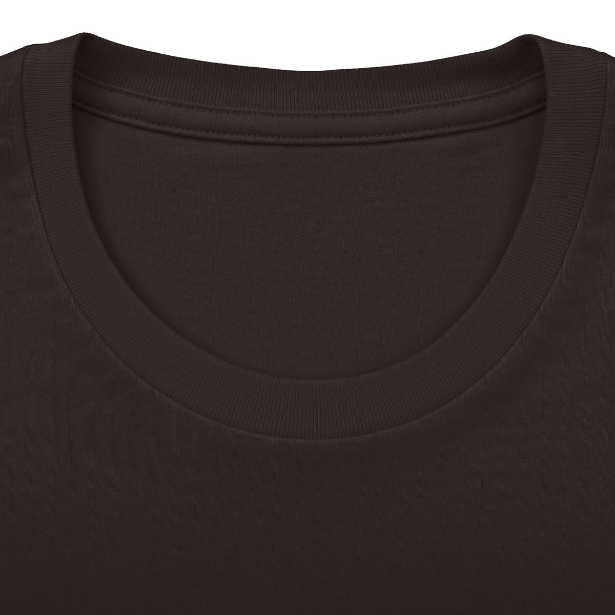CHTQ Design dark chocolate graphic T-shirt crew neckline detail with ribbed collar