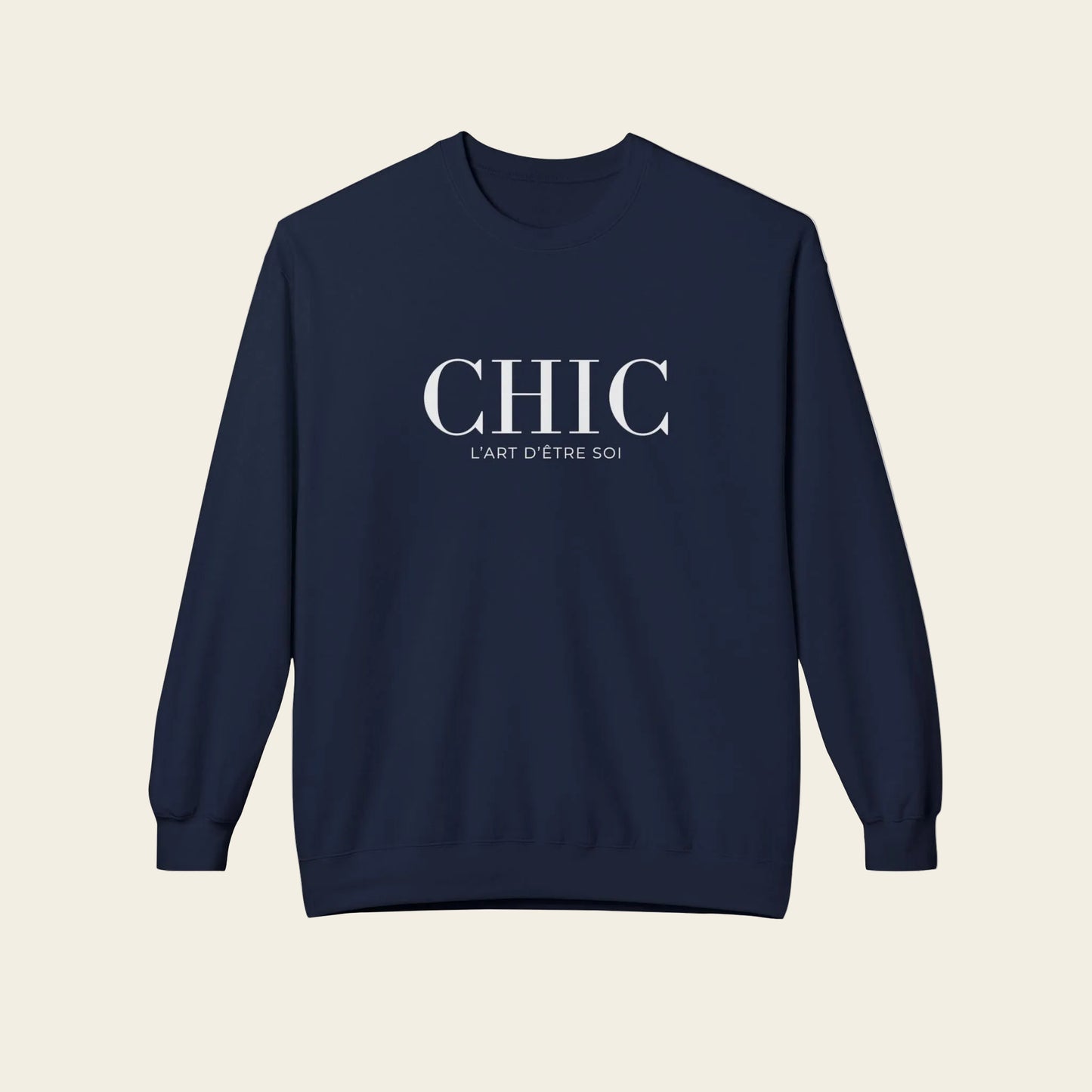 Navy sweatshirt with text 'CHIC L'ar D'etre soi' on a white background