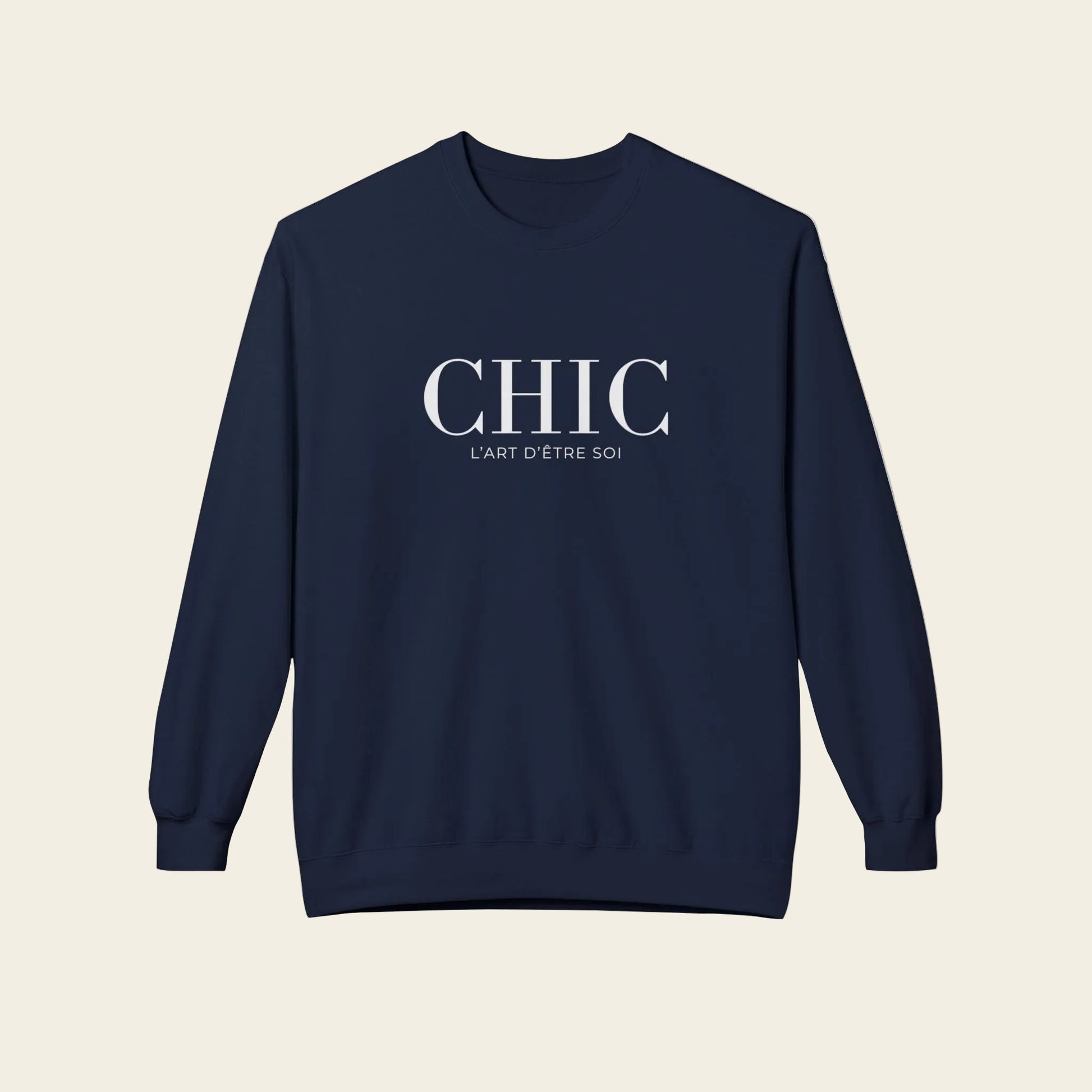 Navy sweatshirt with text 'CHIC L'ar D'etre soi' on a white background
