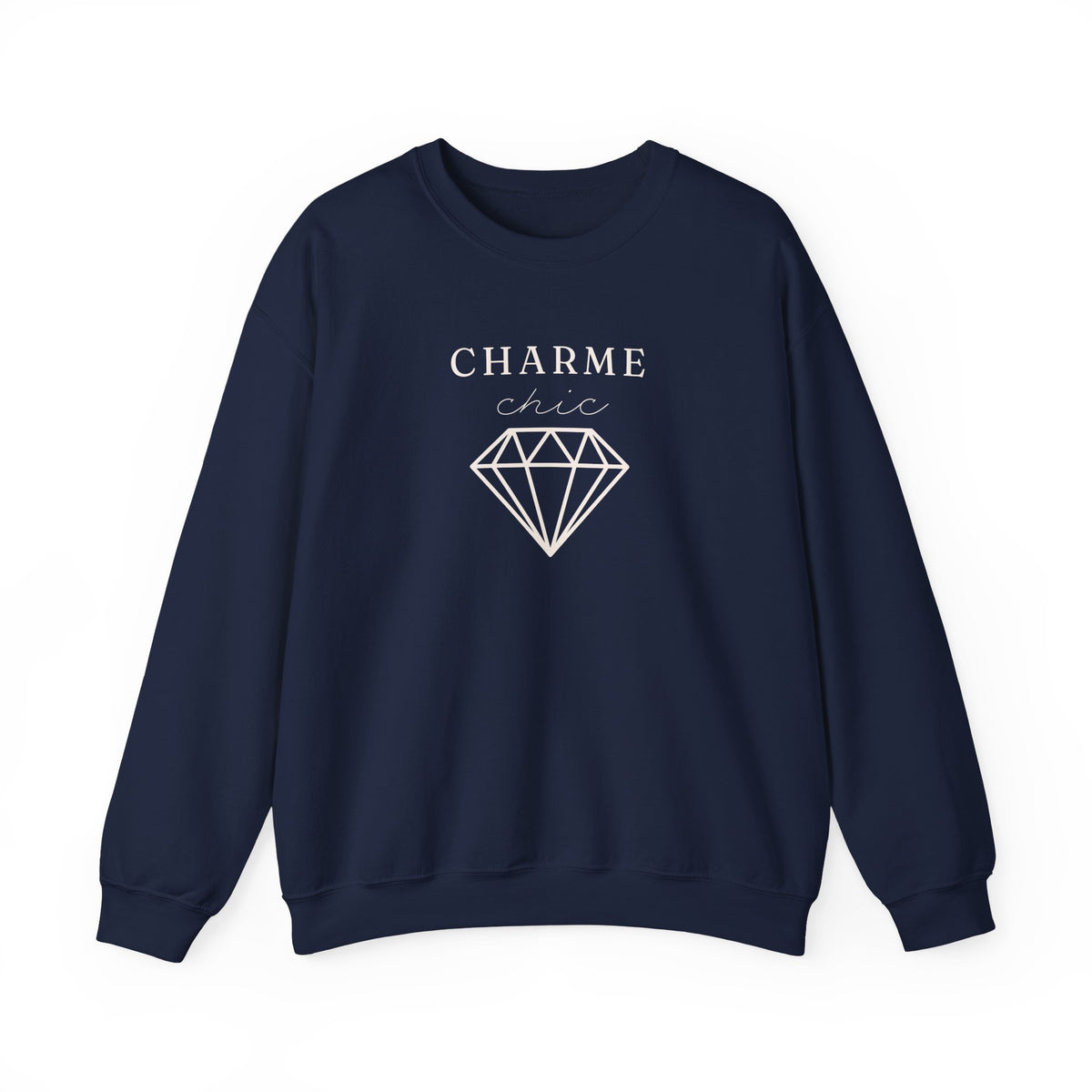 A navy crewneck sweatshirt featuring a light “CHARME chic” graphic with a diamond outline on the front, displayed against a clean white background.