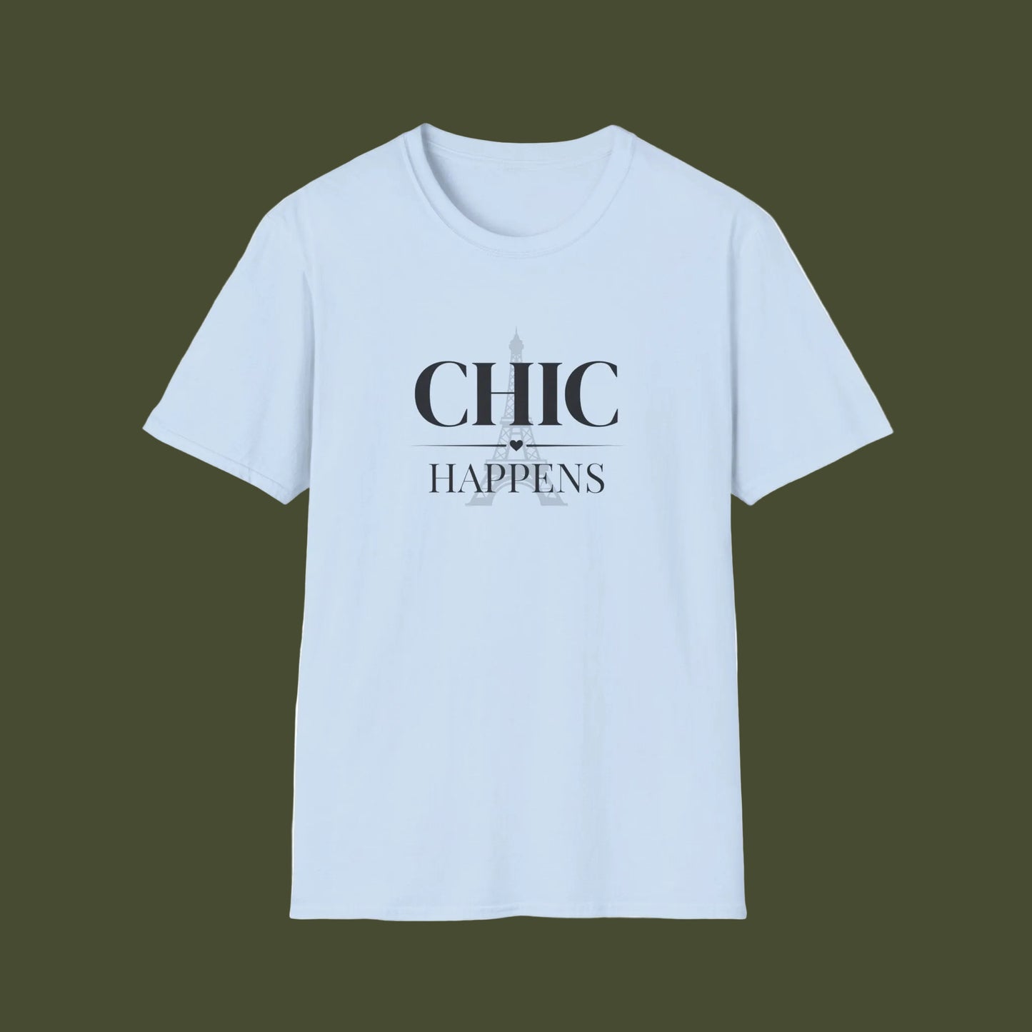 Light blue t-shirt with 'CHIC HAPPENS' text