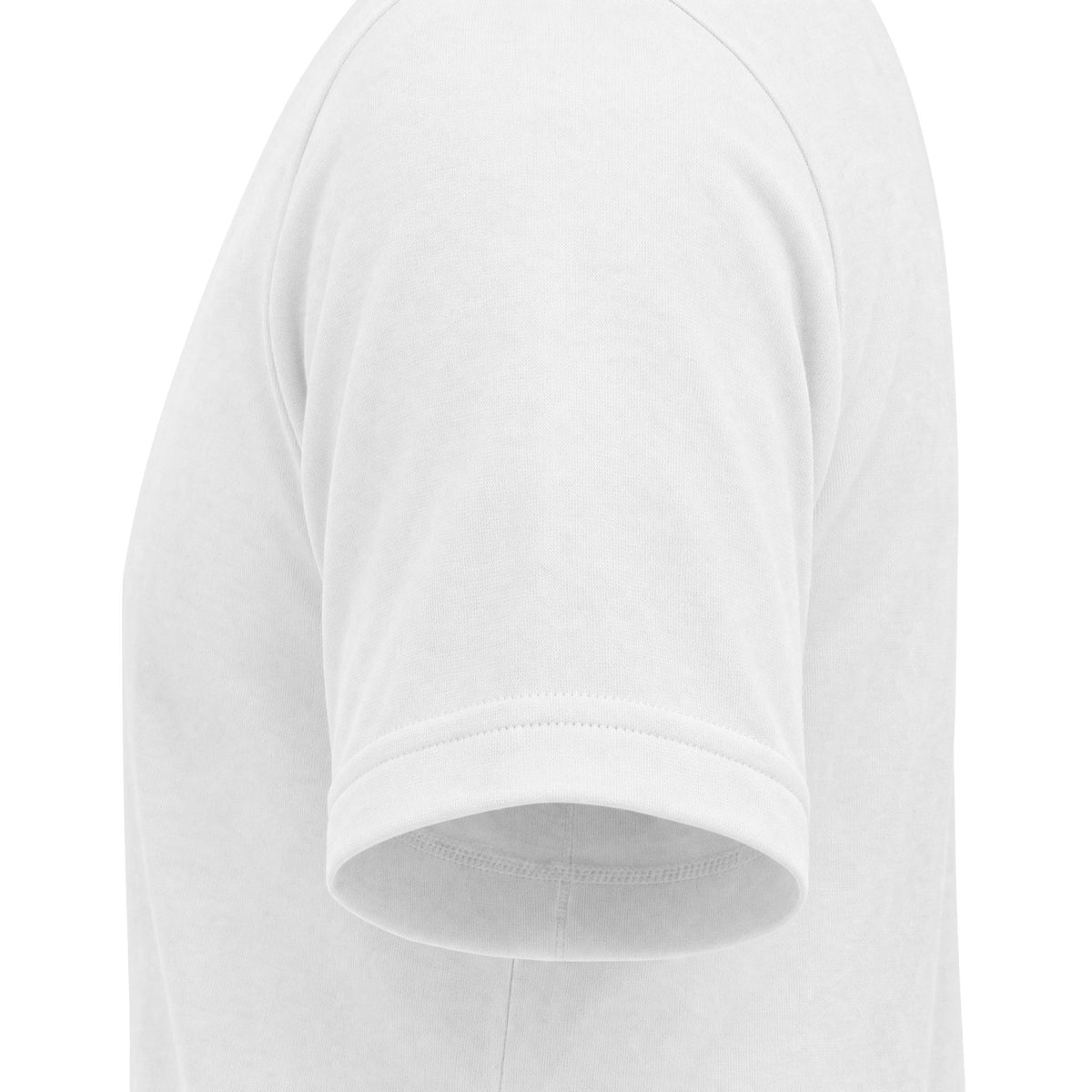 CHTQ Design white graphic T-shirt sleeve detail with clean hem stitching