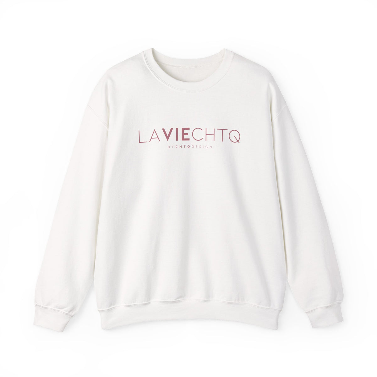 White crewneck sweatshirt with “LA VIE CHTQ” and “BY CHTQ DESIGN” printed in gold across the chest, displayed against a clean white background.