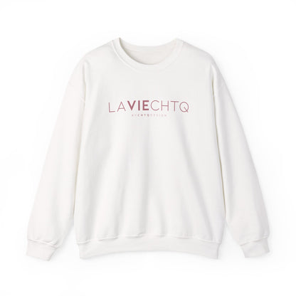 White crewneck sweatshirt with “LA VIE CHTQ” and “BY CHTQ DESIGN” printed in gold across the chest, displayed against a clean white background.