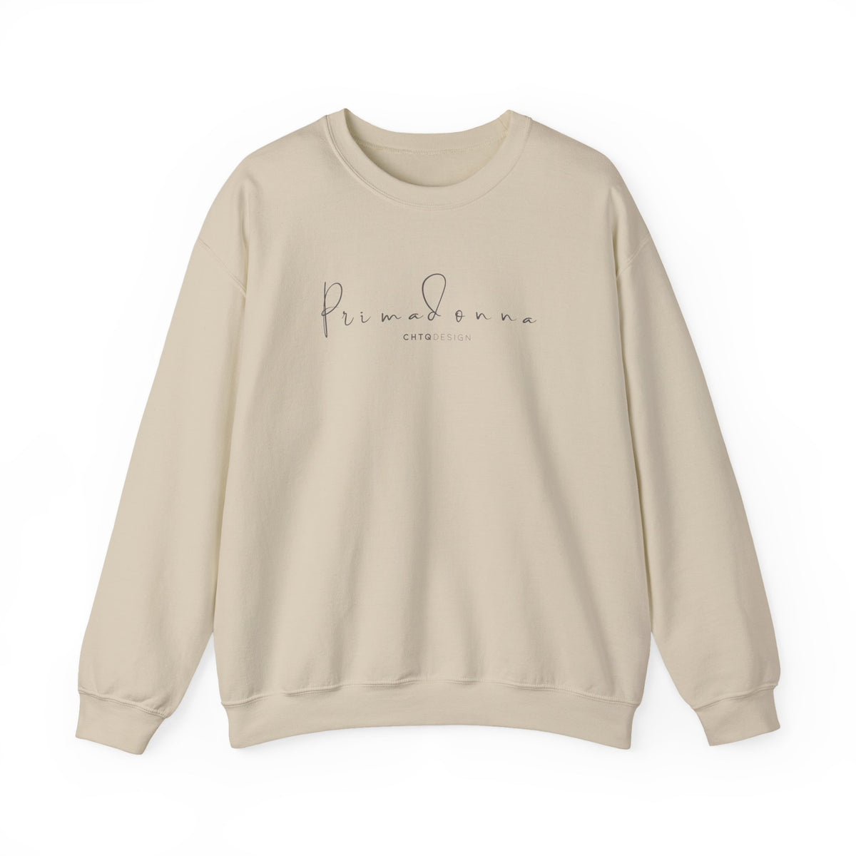 PRIMADONNA by CHTQ Design sand crewneck sweatshirt with delicate gray handwritten logo on the chest, front view on white background.