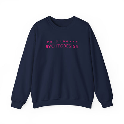 An navy blue crewneck sweatshirt featuring pink “PRIMADONNA BY CHTQ DESIGN” text across the chest, displayed against a clean white background.