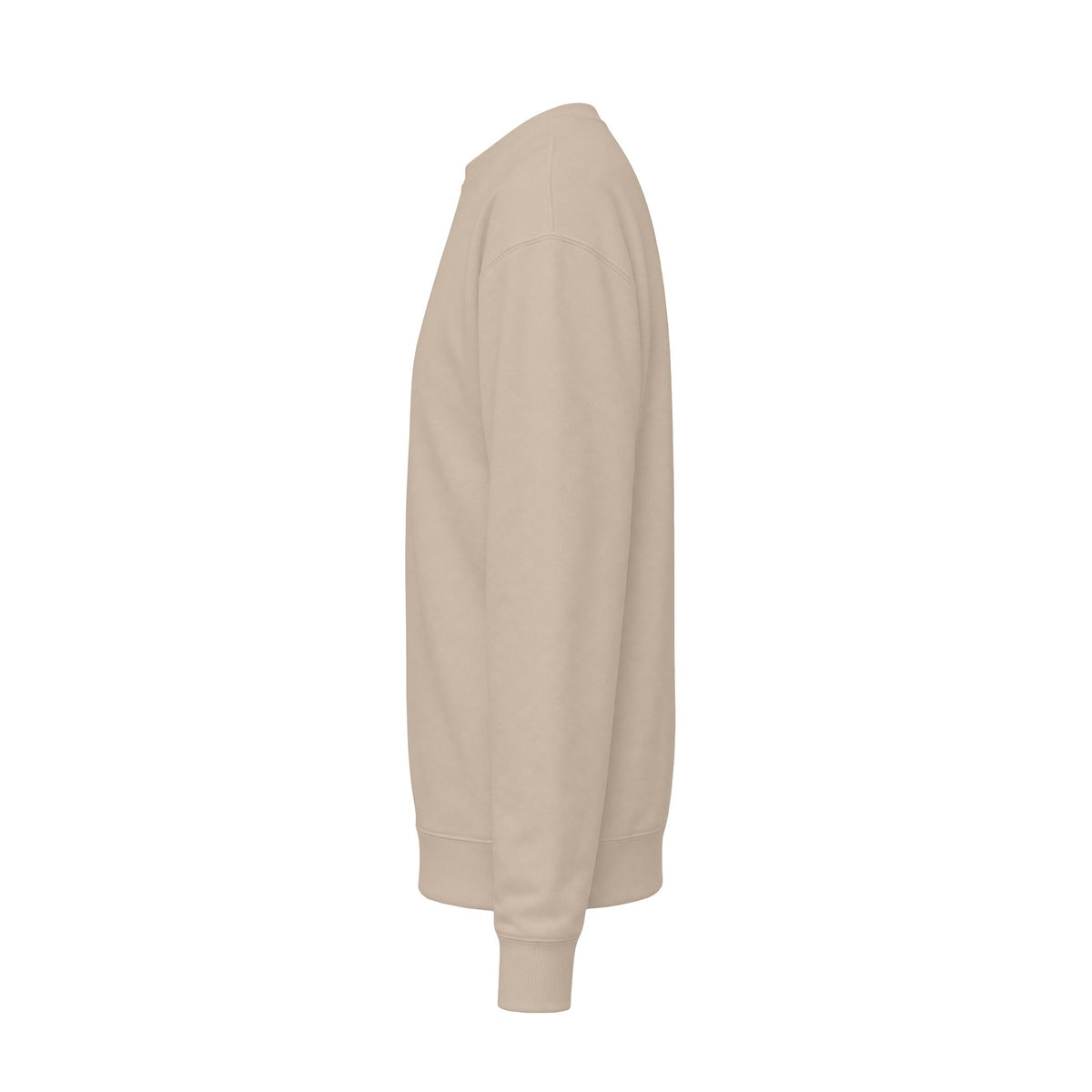 Side profile of A beige crewneck sweatshirt with 'AUTHENTICHAOS' printed in pink across the chest, displayed on a clean white background.