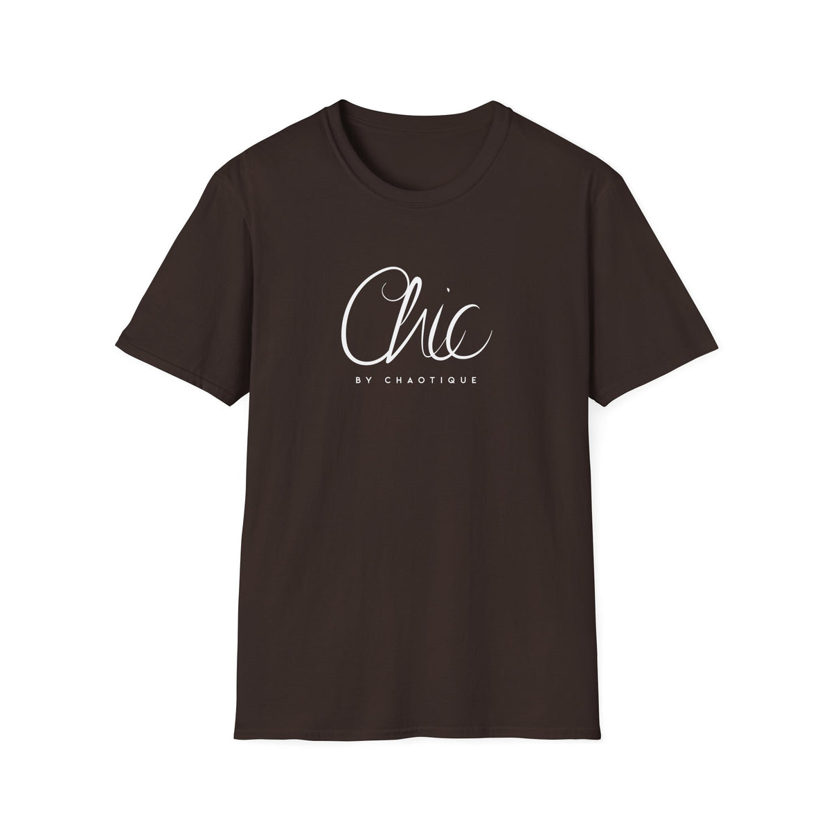 Chic by Chaotique graphic T-shirt in dark chocolate brown featuring minimalist white Chic typography.