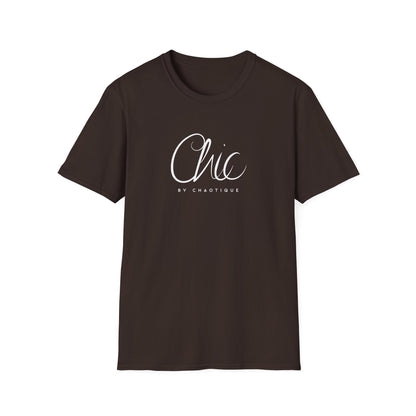 Chic by Chaotique graphic T-shirt in dark chocolate brown featuring minimalist white Chic typography.