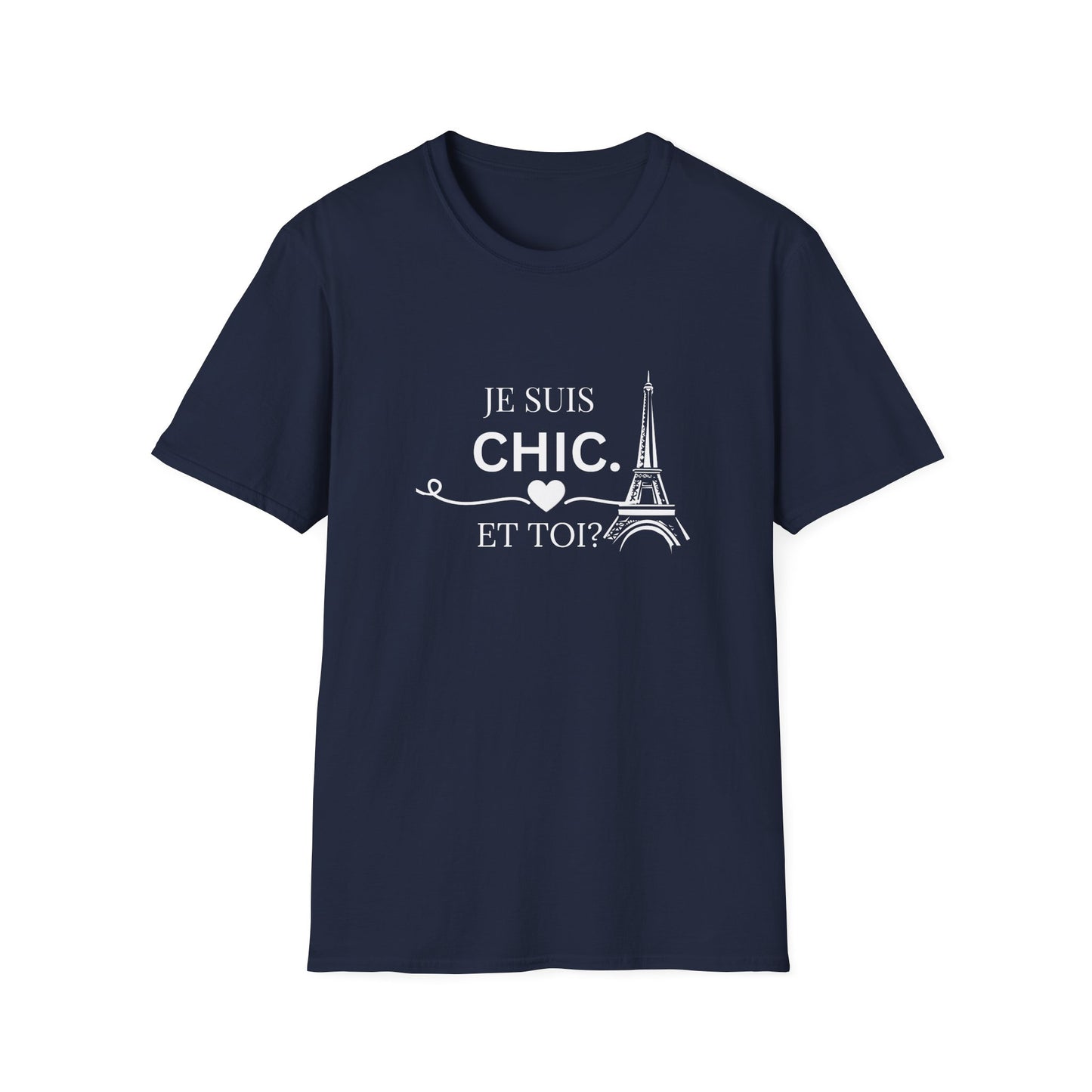 Navy blue graphic T-shirt featuring “Je Suis Chic. Et Toi?” in white with an Eiffel Tower and heart design.