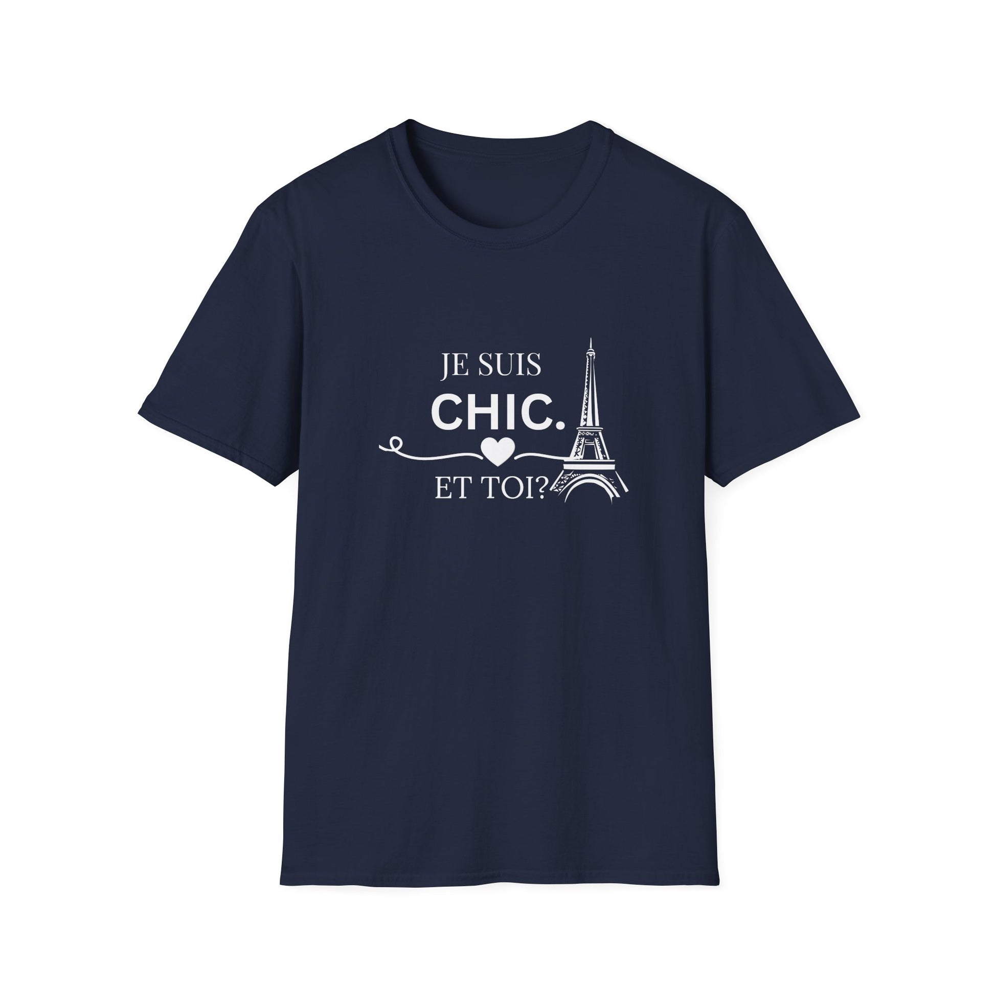 Navy blue graphic T-shirt featuring “Je Suis Chic. Et Toi?” in white with an Eiffel Tower and heart design.