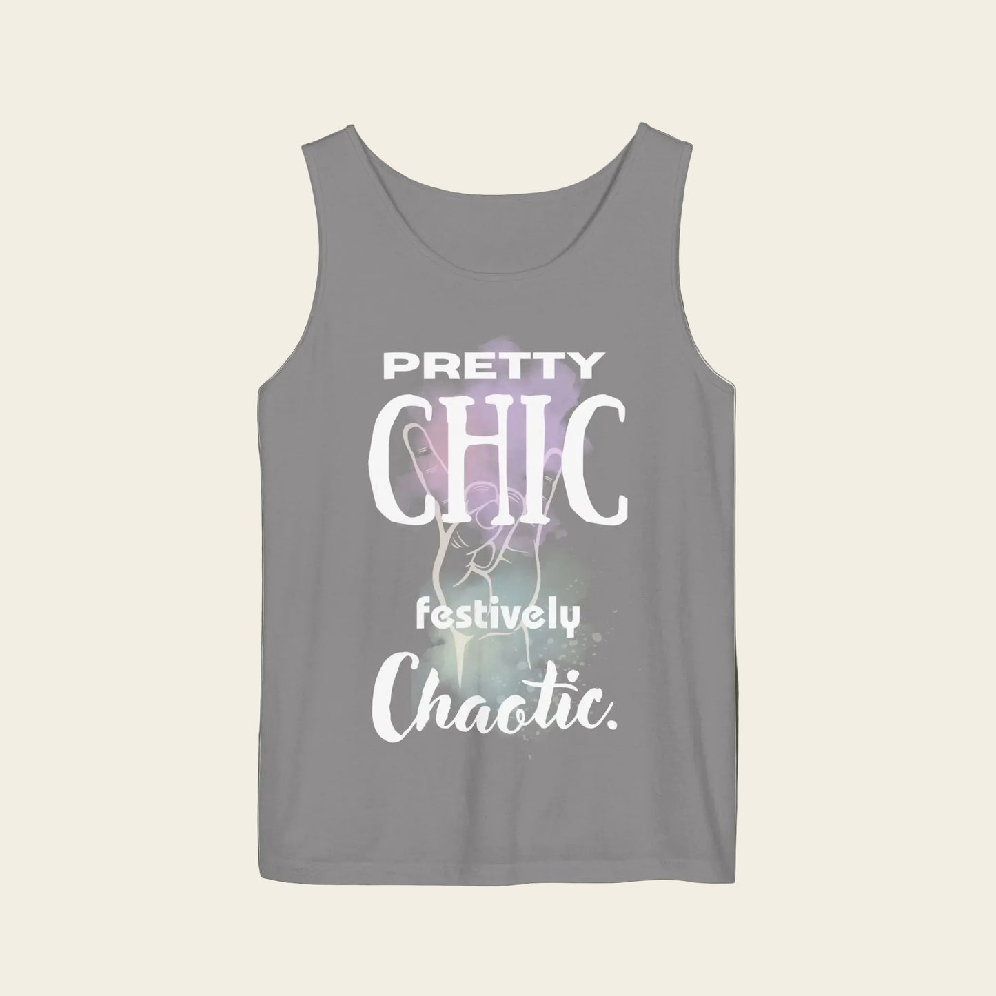 A gray sleeveless tank top with a graphic print on the front that reads 'PRETTY CHIC festively Chaotic.' in white text over a subtle purple and green abstract background.