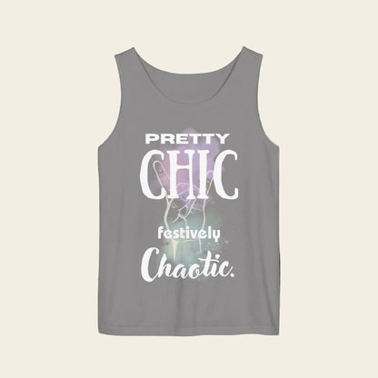 A gray sleeveless tank top with a graphic print on the front that reads 'PRETTY CHIC festively Chaotic.' in white text over a subtle purple and green abstract background.