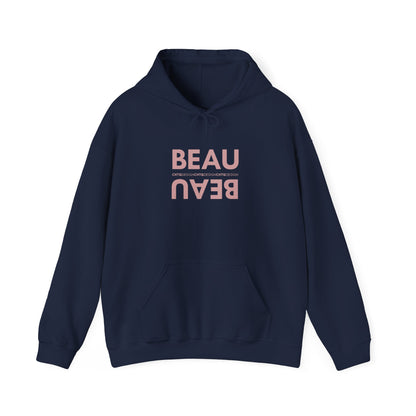 A navy blue BEAU graphic hoodie with a mirrored dusty pink BEAU print and CHTQ Design detail on the chest, displayed against a white background.