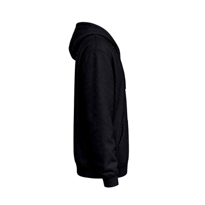 Sleeve of A black pullover hoodie shown from the back, featuring the words 'D'ACCORD CHIC' printed in white across the upper back.