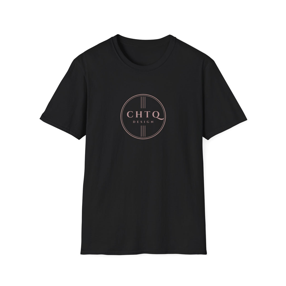 Black men’s graphic T-shirt featuring a rose gold CHTQ Design circle logo on the front, displayed against a white background.