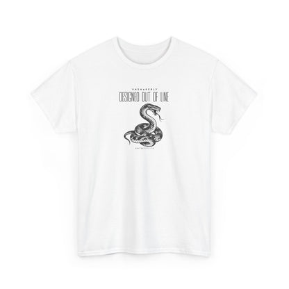 White UNSNAKEBLY Designed Out of Line graphic T-shirt featuring a contrasting snake illustration and CHTQ Design typography.