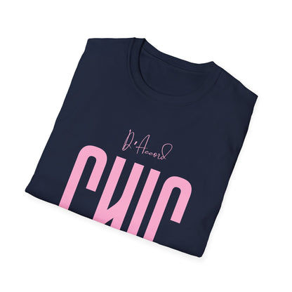 Folded navy blue D’Accord CHIC graphic T-shirt showing the light pink front design.