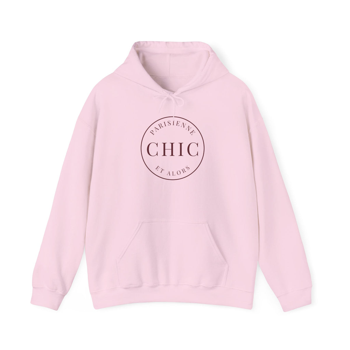 A light pink hoodie featuring a dark circular “PARISIENNE CHIC ET ALORS” graphic on the front, displayed against a clean white background.