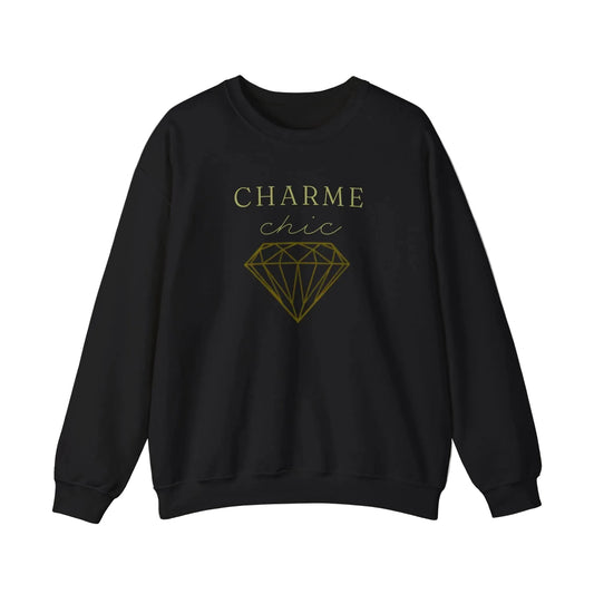A black Charme Chic crewneck sweatshirt featuring gold lettering and a geometric diamond graphic on the front.