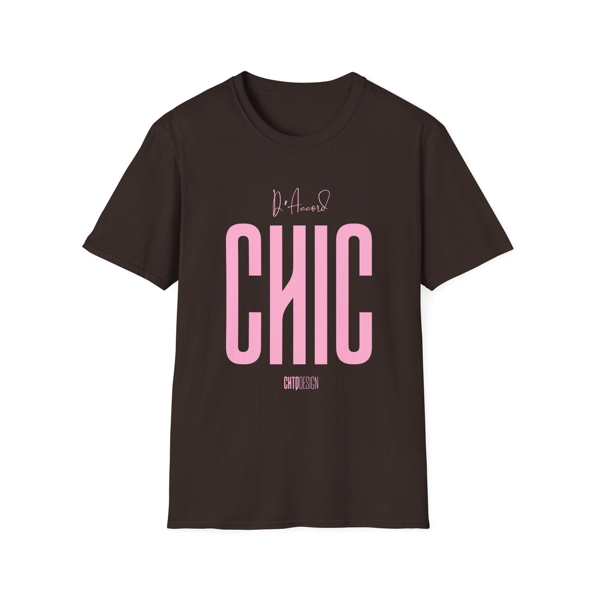 Dark chocolate brown D’Accord CHIC T-shirt featuring bold light pink typography and handwritten D’Accord detail.