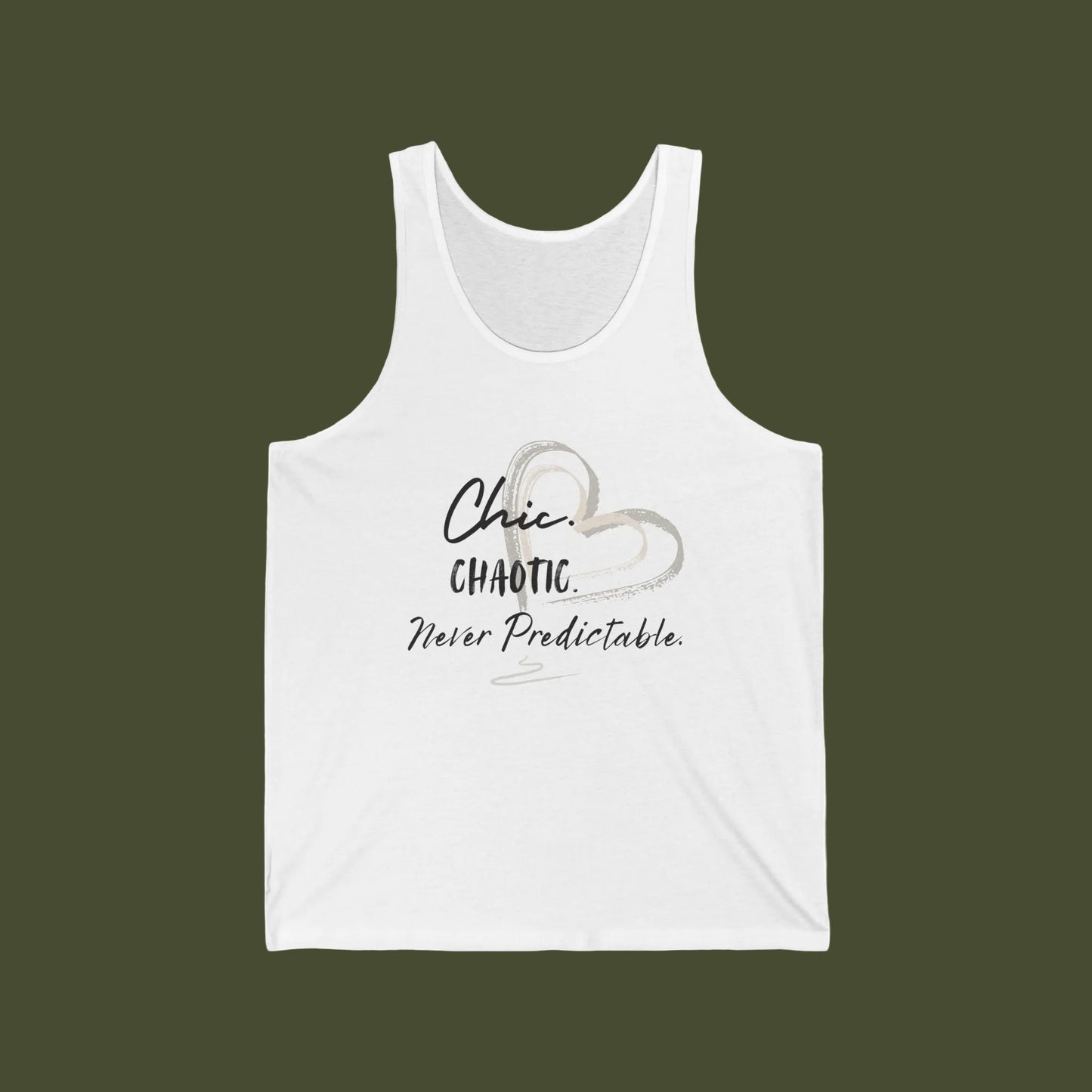 A white sleeveless tank top with a graphic print on the front featuring a heart outline and the text 'Chic CHAOTIC Never Predictable.' on a plain white background.