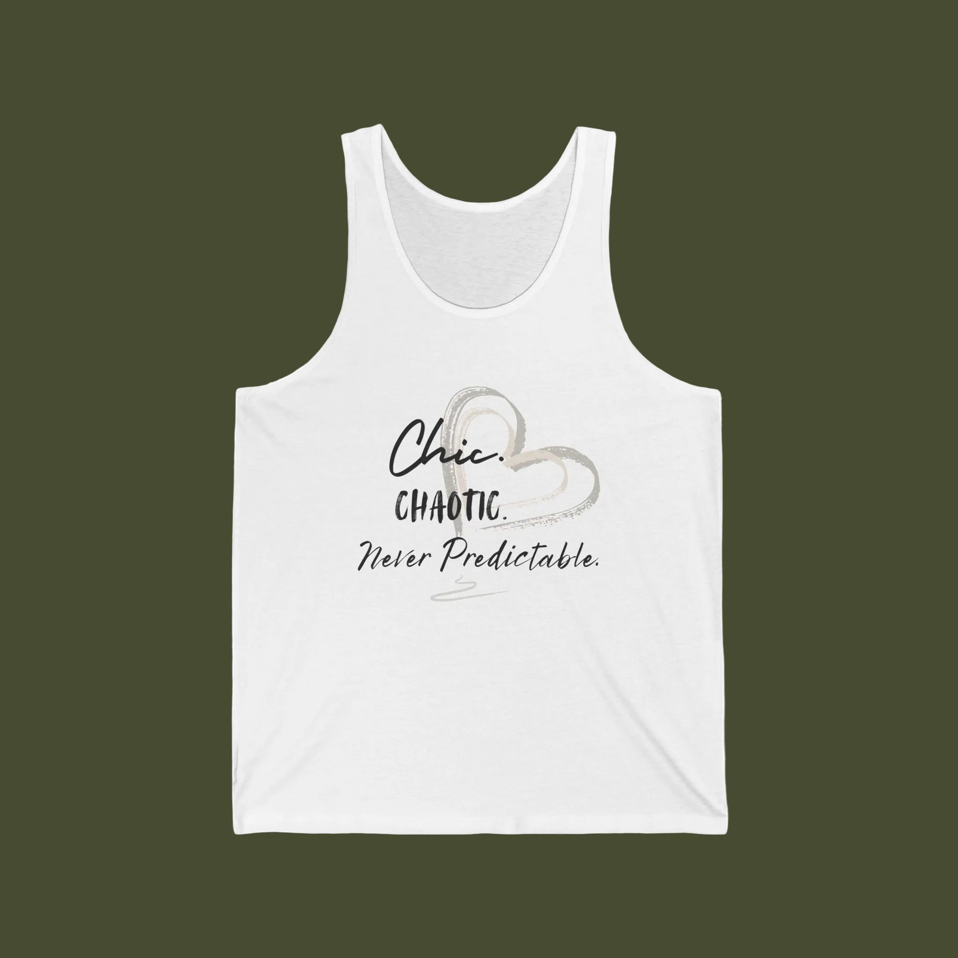 A white sleeveless tank top with a graphic print on the front featuring a heart outline and the text 'Chic CHAOTIC Never Predictable.' on a plain white background.