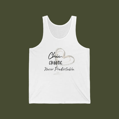 A white sleeveless tank top with a graphic print on the front featuring a heart outline and the text 'Chic CHAOTIC Never Predictable.' on a plain white background.