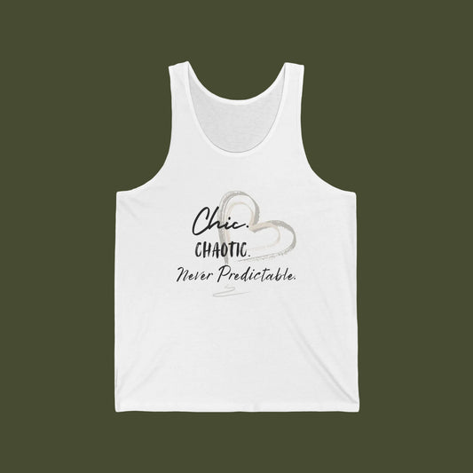 A white sleeveless tank top with a graphic print on the front featuring a heart outline and the text 'Chic CHAOTIC Never Predictable.' on a plain white background.