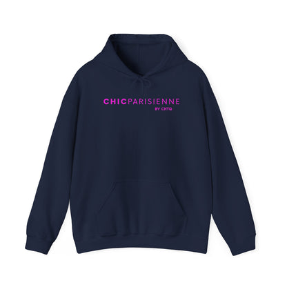 A navy blue pullover hoodie featuring pink “CHIC PARISIENNE BY CHTQ” text printed across the chest, displayed against a clean white background.