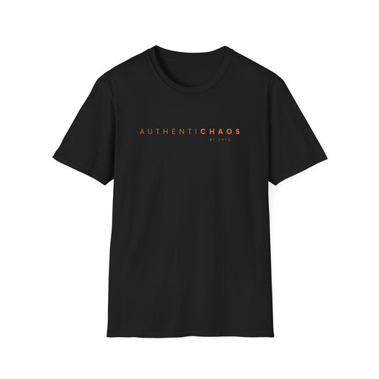 A black short-sleeve crewneck T-shirt featuring minimalist AuthentiCHAOS by CHTQ typography on the front.