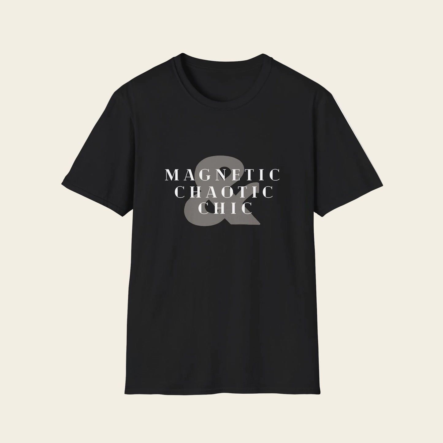 Black t-shirt with a mole in a beaker graphic and 'Magnetic Chaotic Chic' text on a white background