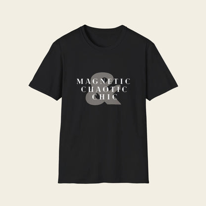 Black t-shirt with a mole in a beaker graphic and 'Magnetic Chaotic Chic' text on a white background