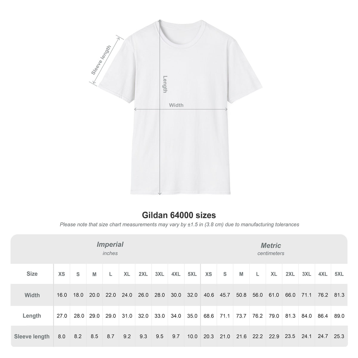 Size chart measurements on a white background