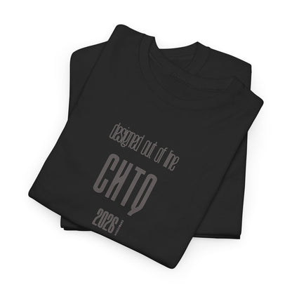 A folded Black Designed Out of Line CHTQ Graphic T-Shirt featuring minimalist gray CHTQ typography, “designed out of line” text, and 2026 detailing on the front.
