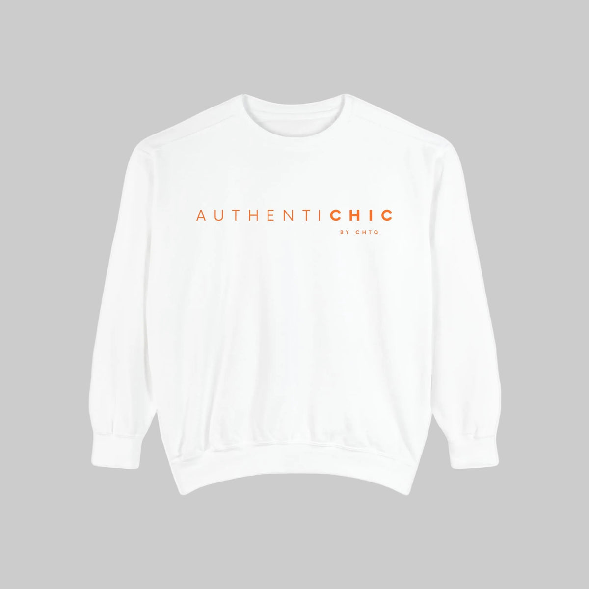 White AuthentiCHIC crewneck sweatshirt with orange typography and small CHTQ branding on the front.